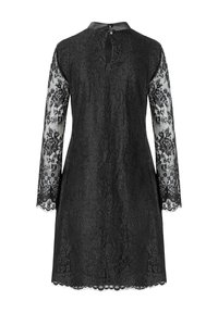 Black lace dress with long sheer lace sleeves, smooth fabric bodice, button closure at the back, and scalloped hem detail.