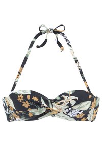 Kvetinový bikini top s čiernym podkladom, zelenými listami a oranžovými kvetmi, s viazaním za krkom a prekrúteným predným dizajnom.