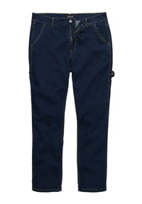Pantalones de denim azul oscuro con pierna recta, dos bolsillos frontales, un pequeño bolsillo lateral y costuras en contraste color canela. Cierre con cremallera y botón.