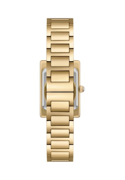 Armband aus goldenem Metall mit rechteckigem Uhrgesicht, Seitenansicht mit Krone rechts.