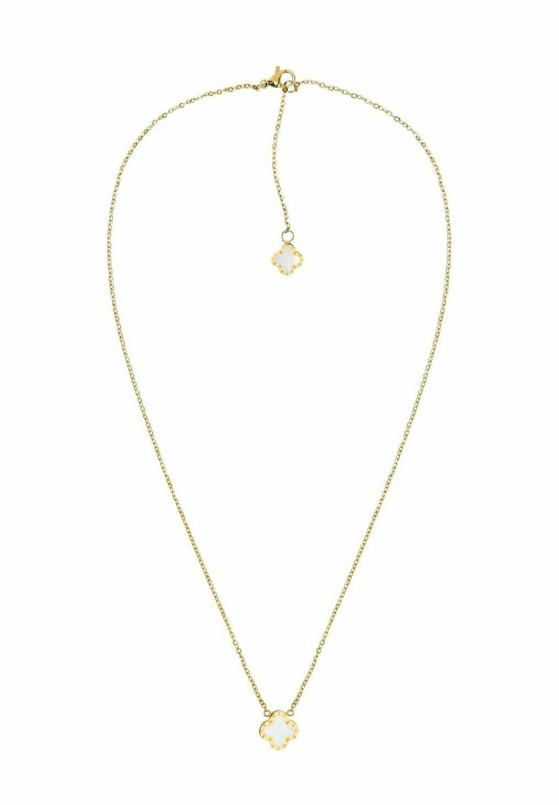 Kultaketjunecklace, joka sisältää keskellä olevan valkoisen kukkamaisen riipuksen, jossa on koristeellinen reuna. Ketju on herkkä ja siinä on hummerilukko.