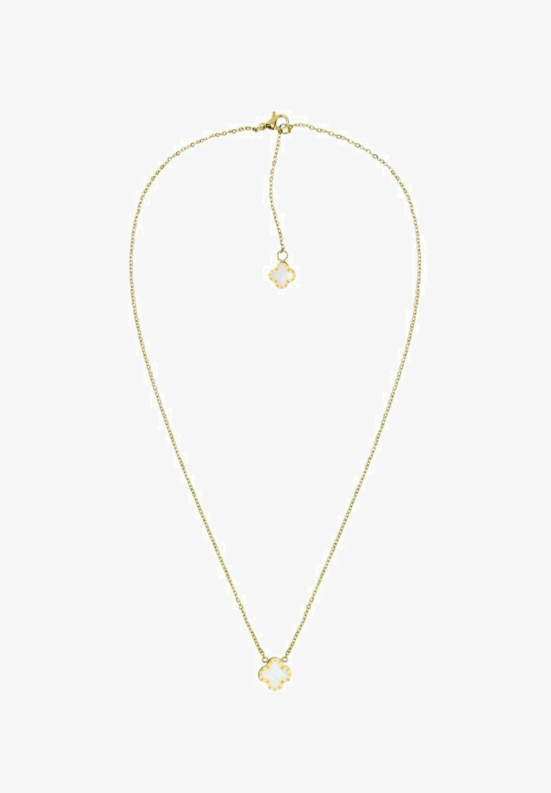 Kultaketjunecklace, joka sisältää keskellä olevan valkoisen kukkamaisen riipuksen, jossa on koristeellinen reuna. Ketju on herkkä ja siinä on hummerilukko.