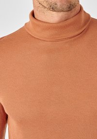Roestkleurige coltrui van ribgebreide stof, met een hoge kraag en een aansluitende silhouet met een fijne textuur.