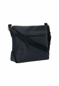 Borsa a tracolla in pelle blu scuro con superficie testurizzata, tracolla regolabile e tasca anteriore con zip. Design compatto e funzionale.