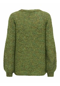Pull vert texturé à manches longues avec col rond et poignets côtelés, vu de dos sur fond blanc.