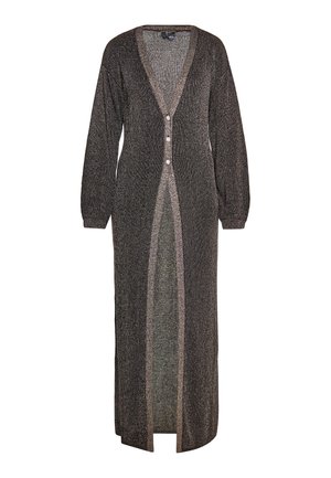 Lang, åben-front cardigan i mørkegrå med metaltråde. Har en dyb V-hals, lange ærmer og fem knapper ned foran.
