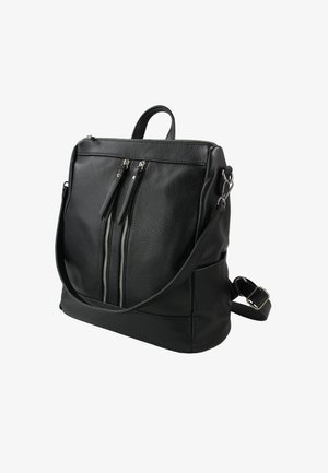 Black leather backpack with a textured surface, two front zippered pockets, adjustable strap, and a top handle.