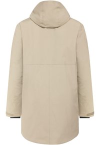 Beige waterproof coat with a hood, long sleeves, and a smooth texture. Features a clean back design and adjustable cuffs.