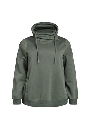 Ciemnozielona bluza z kapturem z długim rękawem, z wysokim kołnierzem typu komin i regulowanymi sznurkami, z bocznymi kieszeniami oraz ściągaczami przy mankietach i u dołu.