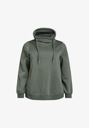 Dunkelgrüner Kapuzenpullover mit langen Ärmeln, hohem Funnel-Kragen und verstellbaren Kordeln, mit Seitentaschen sowie gerippten Bündchen und Saum.