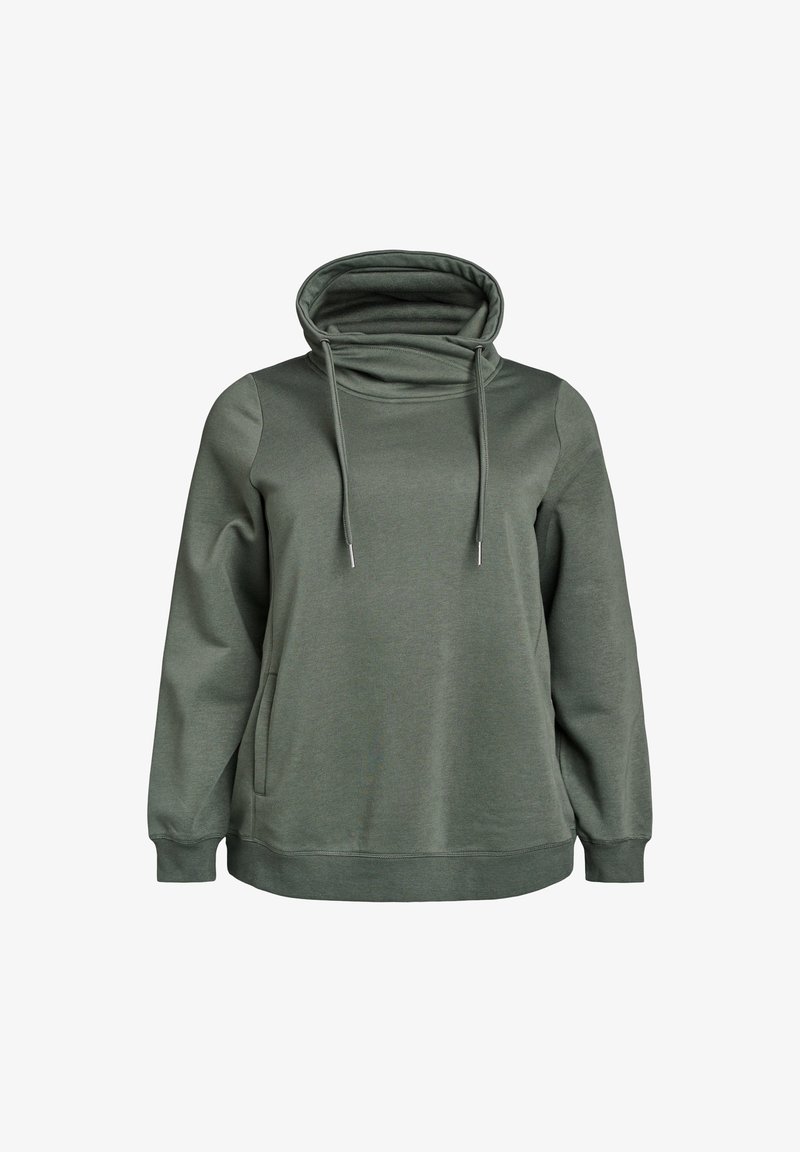 Sweat à capuche manches longues vert foncé avec un col montant en forme d'entonnoir et des cordons réglables, avec poches latérales et poignets et ourlet côtelés.