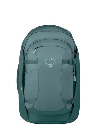 Sac à dos Teal Osprey Fairview 70 avec plusieurs compartiments, bretelles réglables et logo à l'avant, conçu pour le voyage et le confort.