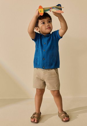 Junge in blauem Hemd und beigen Shorts hält ein buntes Holzspielzeugflugzeug über seinem Kopf vor einem einfarbigen beigen Hintergrund.