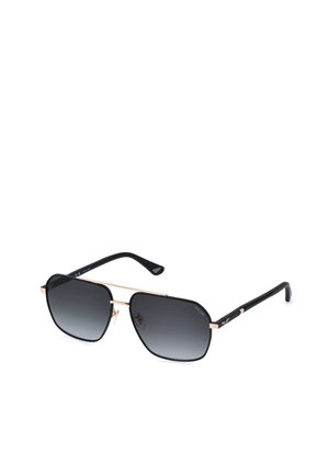 Lunettes de soleil à monture métallique noire et dorée avec de grands verres carrés gris dégradés et des branches fines noires avec logo de la marque.