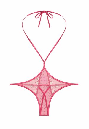 Rosa transparentes Mesh-Dessous mit Herzmustern, Tupfen und Neckholder-Träger, gestaltet als einteiliges Bodysuit.