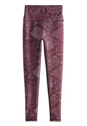 Dámske legíny na celú dĺžku v bordovej farbe s jemným tmavým geometrickým vzorom a vysokým, širokým pásom.