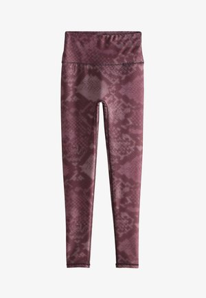 Damen-Leggings in voller Länge in Bordeauxrot mit einem dezenten dunklen geometrischen Muster und einem hohen, breiten Bund.