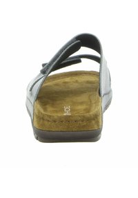 Infradito blu scuro con due cinturini, una soletta testurizzata marrone e una suola liscia. Presenta un design semplice e funzionale.