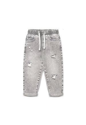 Pantaloni jogger in denim grigio consumato con vita elastica, coulisse bianche, polsini risvoltati e tasche frontali.
