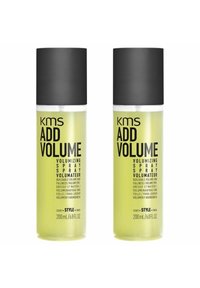 KMS Add Volume volumizing spray in two transparent bottles, each with a black cap; bright yellow liquid; labeled 200ml/6.8fl oz.
