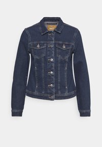 Mörkblå denimjacka med långa ärmar, knäppning fram, två bröstfickor och detaljer i silverfärgad metall. Klassisk design och figursydd passform.