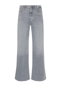 Jean en denim délavé clair avec une taille haute, présentant des détails de décoloration, un design à cinq poches et une fermeture à boutons.
