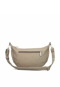 Hellbraune Leder Crossbody-Tasche mit verstellbarem Tragegurt und einer horizontalen Reißverschlusstasche auf der Vorderseite.