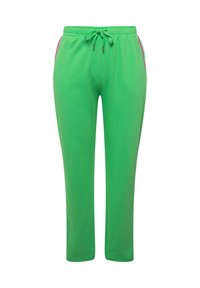 Groene sweatpants met een trekkoord in de taille, voorzien van zijaccenten in het roze. Glad textuur, ontspannen fit, knielange stijl.