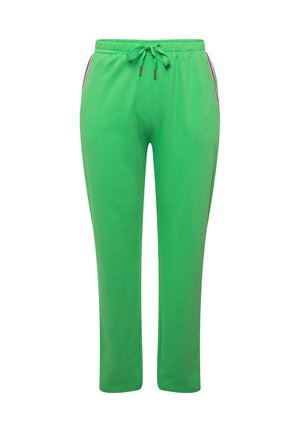 Un pantalon de survêtement vert avec une taille élastique à cordon, présentant des accents latéraux en rose. Texture lisse, coupe décontractée, style à mi-genoux.