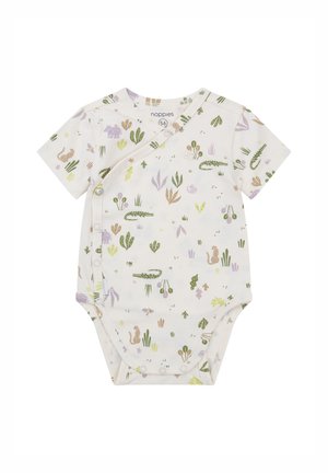 Kurzärmeliger Bodysuit aus weichem weißen Stoff mit grünen, lila und braunen Druckmotiven von Tieren und Pflanzen. Wickeldesign mit Druckknöpfen.