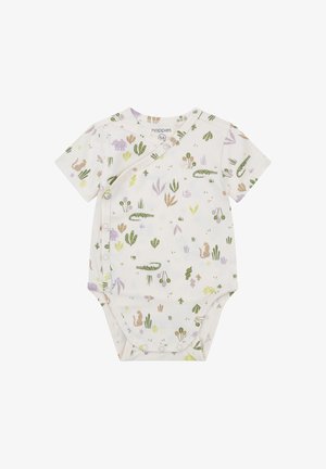 Body niemowlęcy z krótkim rękawem z miękkiej białej tkaniny, z kolorowym wzorem zwierząt i roślin. Kopertowy fason z zapięciami na zatrzaski.
