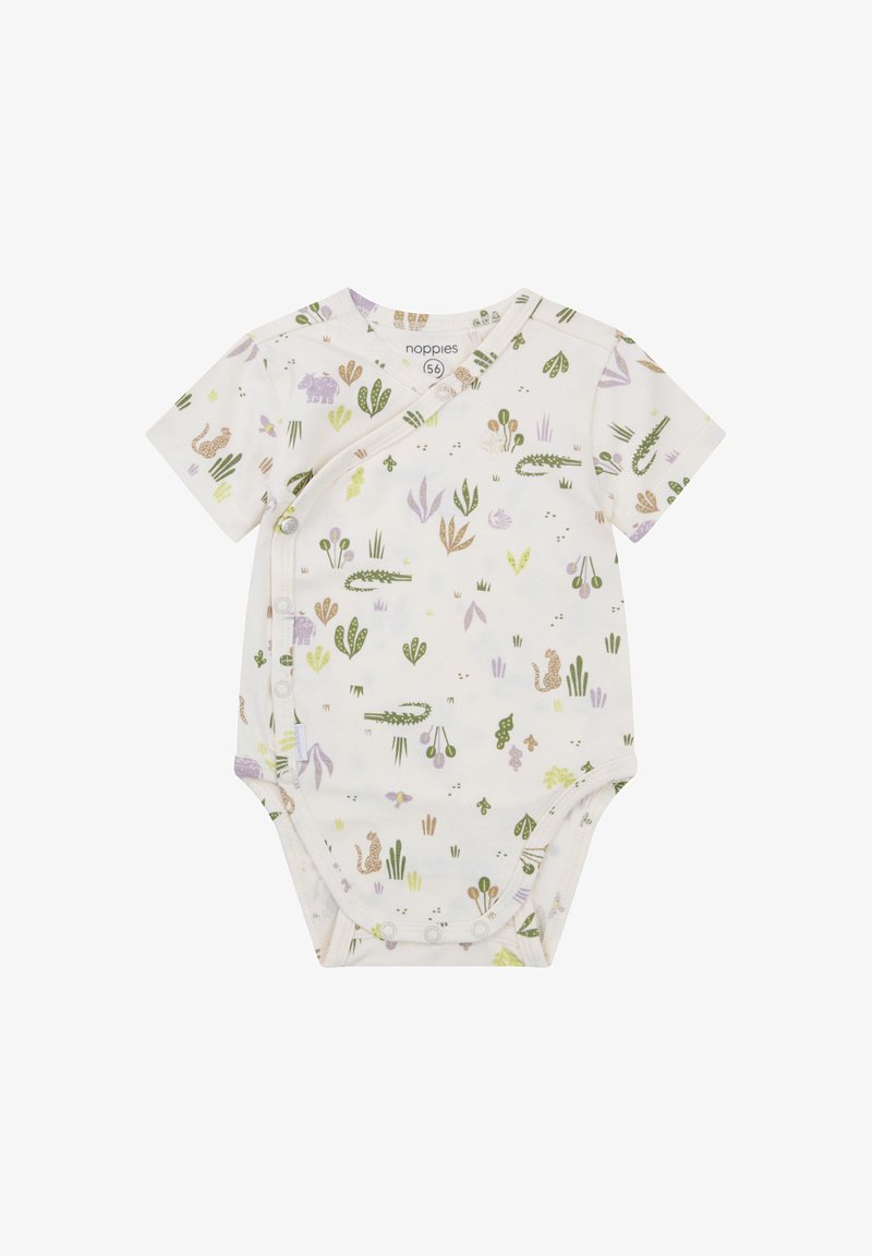 Kortebloemige bodysuit van zacht witte stof met groene, paarse en bruine print van dieren en planten. Wikkelontwerp met drukknoopsluitingen.