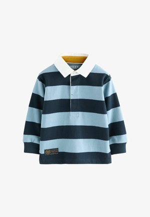 Langärmliges Polohemd mit gestreiftem Muster in Marineblau und Hellblau, weißem Kragen, kleiner Etikette am Saum und Knopfverschluss.