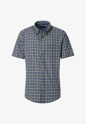 Kortærmet, skjorte med knapper i en blå og beige ternet mønster. Lavet af vævet stof med en brystlomme og kontrastknapper.