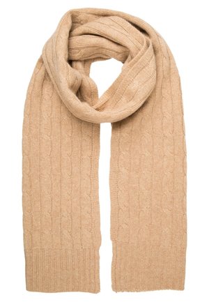 Écharpe en laine beige tricotée avec un motif en torsade, pliée en boucle montrant les deux extrémités avec une bordure côtelée.