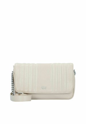 Small beige leather crossbody bag with vertical stitching, silver chain strap, and "Replay" logo embossed on front flap.