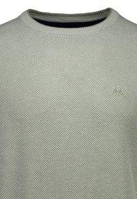 Maglione verde chiaro a maglia lavorata con scollo rotondo e logo ricamato sottile sul lato sinistro del petto.