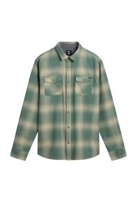 Groene en beige geruite overhemd met lange mouwen, knoopsluiting, twee knoopzakken op de borst en een kraag.
