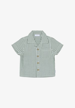 Camicia a maniche corte con righe verticali verdi e bianche, dotata di colletto, taschino frontale e bottoni in legno. Realizzata in tessuto morbido.