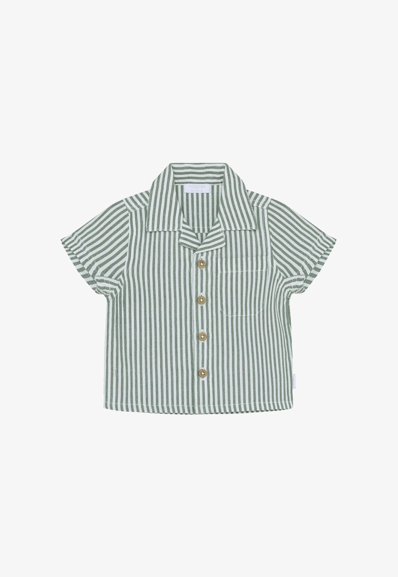 Overhemd met korte mouwen in groene en witte verticale strepen, voorzien van een kraag, een borstzak en houten knopen. Gemaakt van zacht stof.