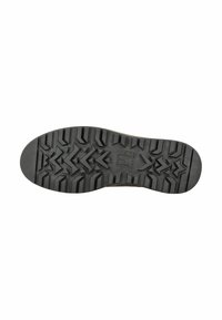 Suola di scarpa in gomma nera con una superficie texturizzata caratterizzata da scanalature profonde e motivi a zig zag per una migliore aderenza e trazione.
