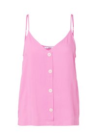 Camiseta sin mangas rosa con tirantes finos ajustables y una fila vertical de cinco botones blancos en la parte delantera.