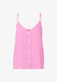 Camiseta sin mangas rosa con tirantes finos ajustables y una fila vertical de cinco botones blancos en la parte delantera.