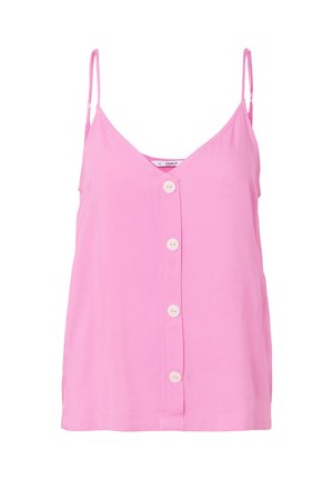 Rosa ermeløs camisole med tynne, justerbare stropper og en vertikal rad med fem hvite knapper foran.