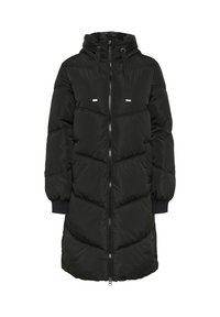 Schwarze Puffjacke mit Kapuze, Reißverschluss vorne und elastischen Bündchen. Gefertigt aus gestepptem Material mit Chevron-Muster.