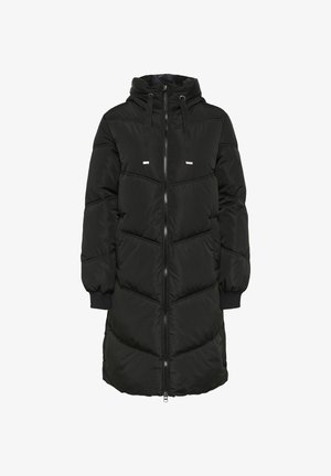 Must must coat, mille voodri, tõmblukk ees ja elastsed mansetid. Valmistatud tikitud materjalist, millel on chevron-muster.