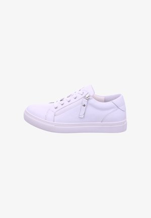 White sneakers featuring a smooth leather upper, lacing system, side zipper detail, and a textured rubber sole for grip.