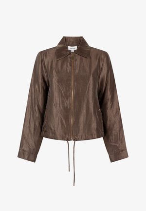 Brown long-sleeve jacket with front zipper, collar, side pockets, and adjustable drawstrings at the hem.