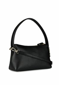 Borsa a tracolla in pelle nera con superficie testurizzata, manico curvo e tracolla regolabile. Dotata di chiusura con cerniera e dettagli in metallo.