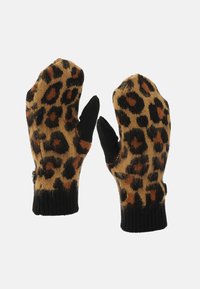 Moufles en imprimé léopard fabriquées en tissu doux, avec un poignet noir côtelé. Accentué de taches brunes sur un fond beige.